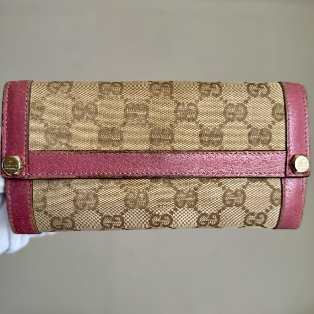 Gucci GG Canvas Long Wallet Pink Leather Gold Hardware